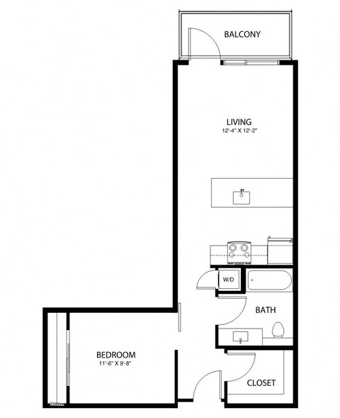 A black and white image of a floor plan for a small apartment.